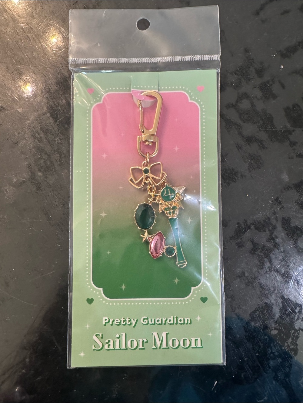 Sailor Moon Pretty Guardian Gold Charm Keychain with Green & Pink Gems